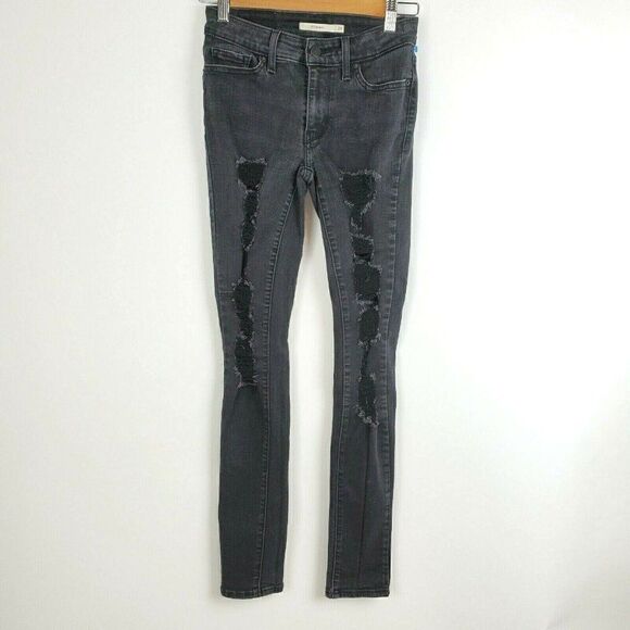 Levi’s 711 Black Distressed Mid Rise Slim Fit Skinny Jeans Womens Size 25 Short - Picture 1 of 7